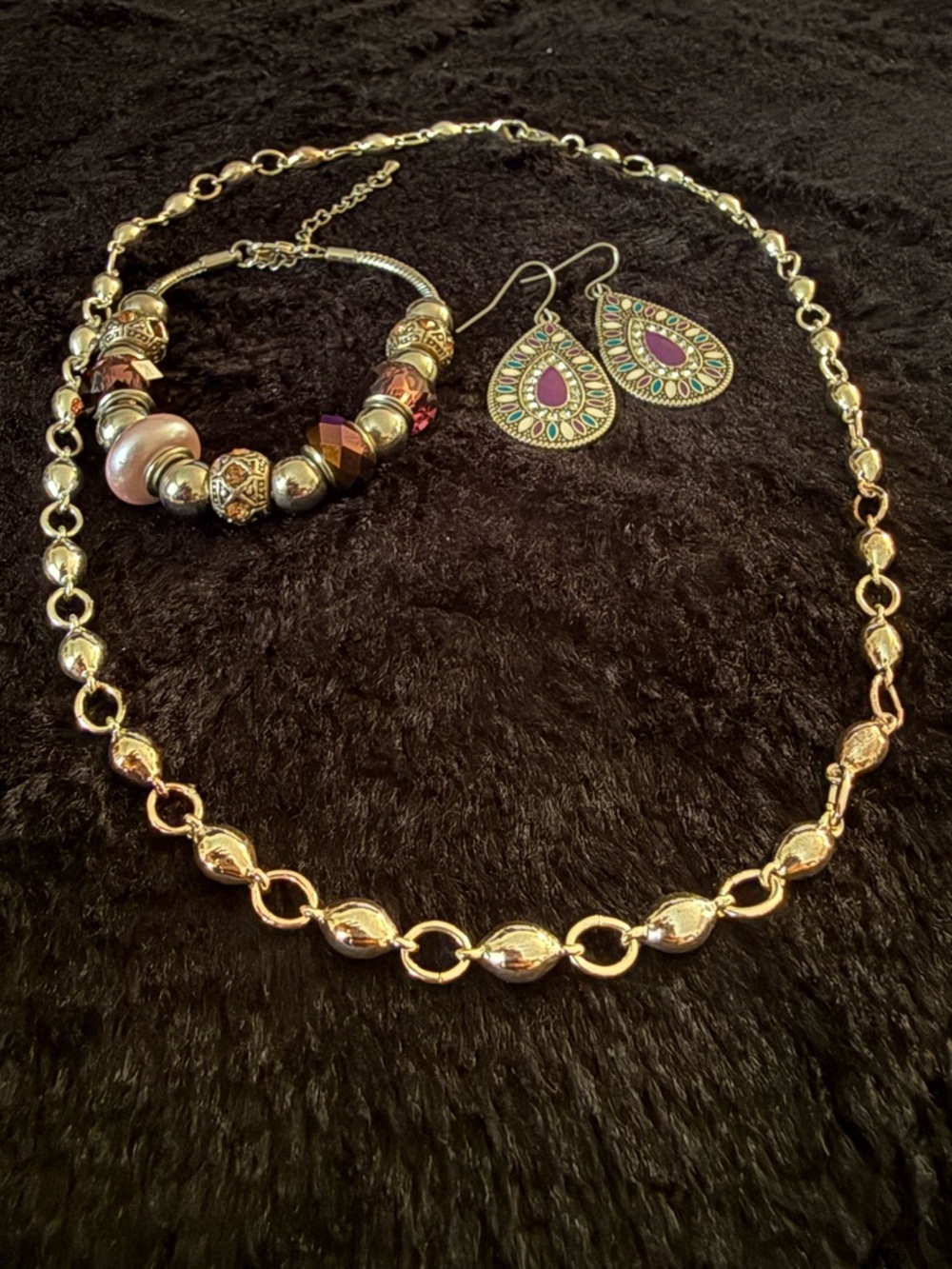 Vintage Purple Silver Tone Jewelry Set Teardrop Earrings Necklace Charm Bracelet - Picture 2 of 6